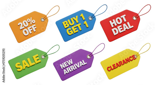 Set of 3D-rendered colorful plastic price tags for retail promotion, including 