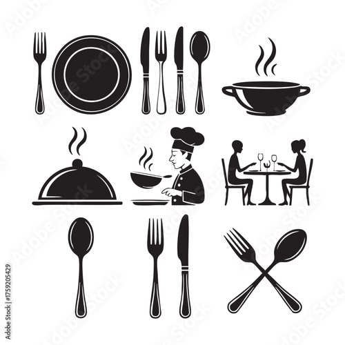 Black silhouette icons of dining and cooking elements on white background fork knife