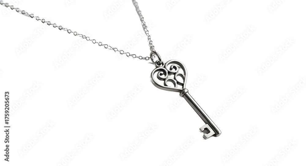 Fototapeta premium Heart shaped key pendant on silver chain isolated on white background