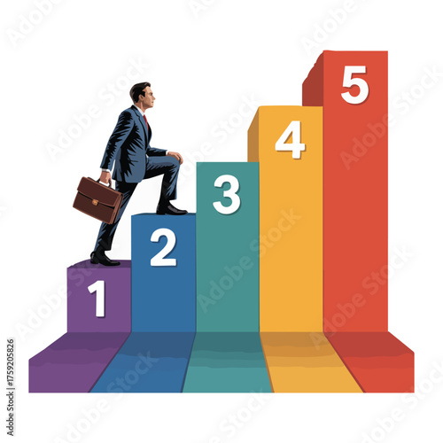 Businessman climbing colorful steps numbered one to five with briefcase suit