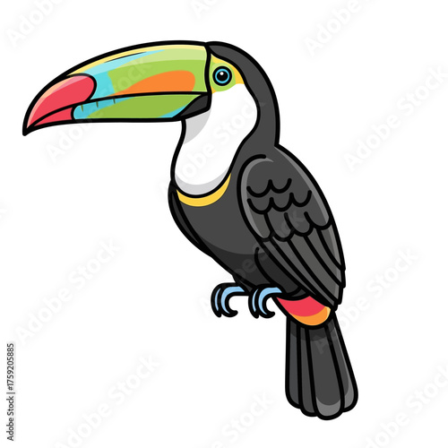 Vibrant toucan illustration with rainbow beak makes playful educational material for kids, adding a tropical flair to designs and bringing exotic wildlife charm