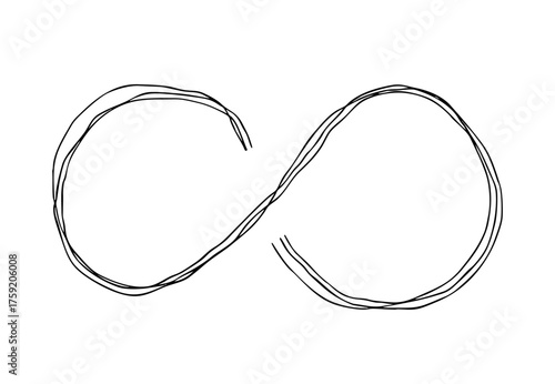 途切れた無限のマークの手描きの線画アイコン。複数の線が重なったモノクロの落書きベクターイラスト
