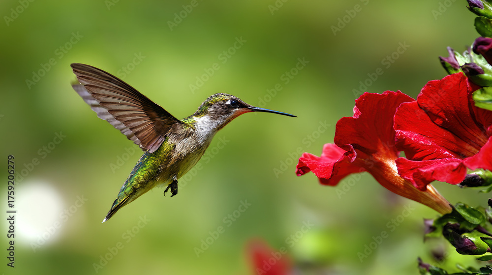 Fototapeta premium hummingbird. A hummingbird hovers near a red flower, its wings moving fast against a green background. wildlife magazines, conservation campaigns, designed for nature documentaries and education.