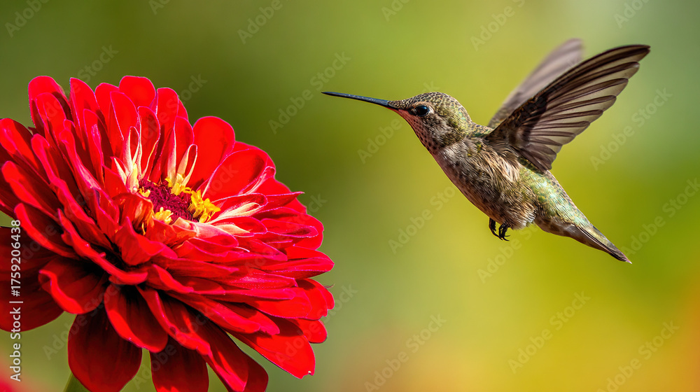 Obraz premium hummingbird. A hummingbird hovers near a red flower, its wings moving fast against a green background. wildlife magazines, conservation campaigns, designed for nature documentaries and education.