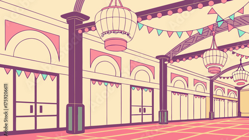 Festive Hall with Hanging Jhomers – Vector Celebration Lighting Design