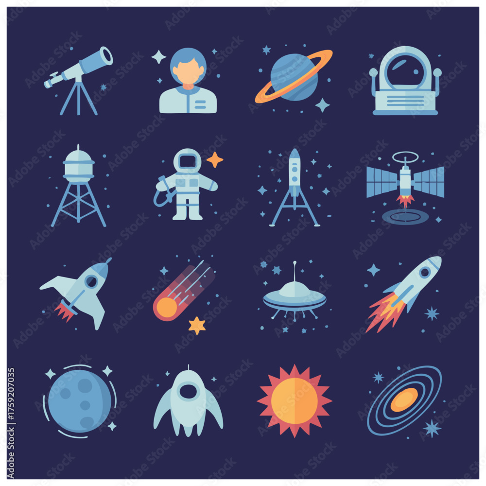 Naklejka premium Collection of flat design space and astronomy icons on dark blue background rocket astronaut