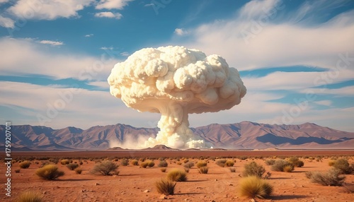 Close-up view of a mushroom cloud rising from a desert landscape ,   impact,   hazard