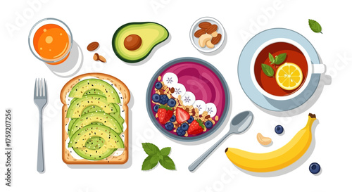 Start your day right with this vibrant breakfast spread including avocado toast, a smoothie bowl, tea, juice, and nuts for a healthy lifestyle focus