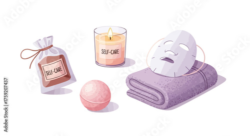Indulge in self-care bliss with a relaxing spa day at home featuring a scented candle, bath bomb, sheet mask, and plush towel for ultimate tranquility