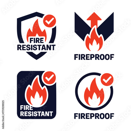 Four fire resistant and fireproof icons with flames and checkmarks vector