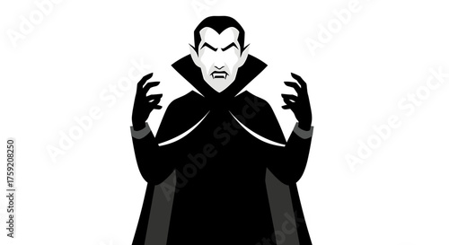 A black and white illustration of a vampire with a stern expression and raised hands.