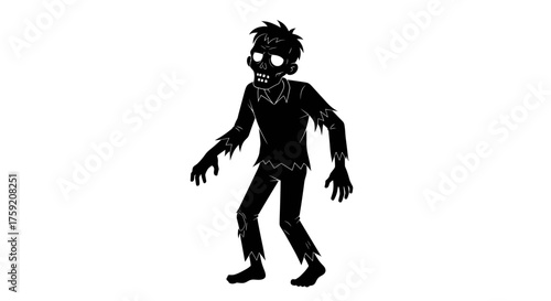 A silhouette of a zombie with glowing eyes and tattered clothes, standing against a white background.