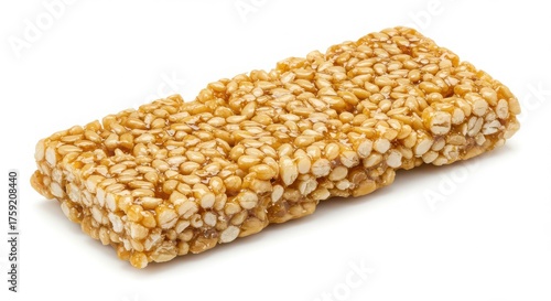 sesame brittle bar with honey glaze isolated on a white background for food photography and product display