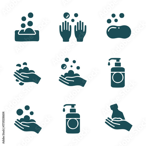 Hand washing icons soap bubbles liquid dispenser and bar soap liquid soap