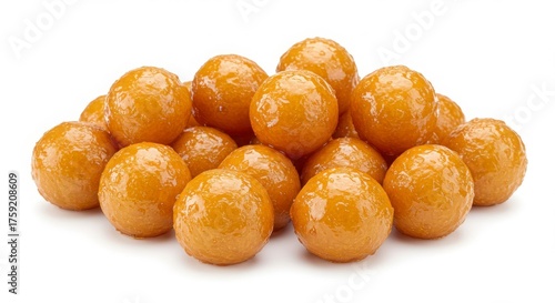 lokma small fried dough balls with syrup isolated on a white background for dessert or culinary photography