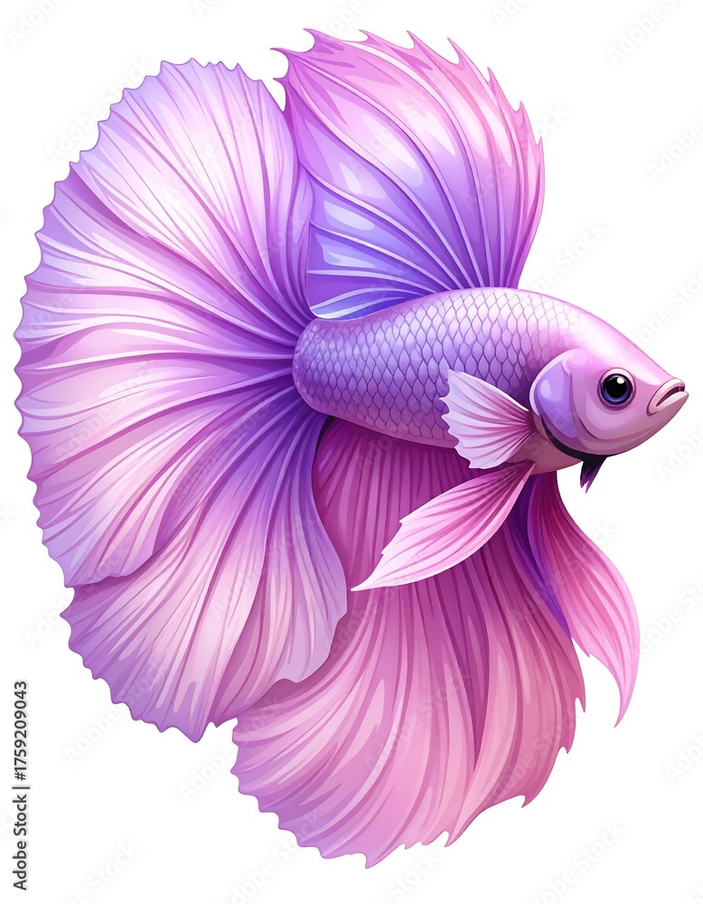 Obraz premium A vibrant digital illustration portrays a colorful Siamese fighting fish. The fish showcases flowing, detailed fins in shades of purple and pink