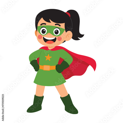 Superhero in green outfit and cape with a joyful expression
