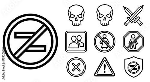 Prohibition, Danger, and Restriction Black Line Icons Set. Collection of Security Symbols Including Banned Equality, Skull, Crossed Swords, No Men, No Women, Warning Exclamation, and Group Restriction