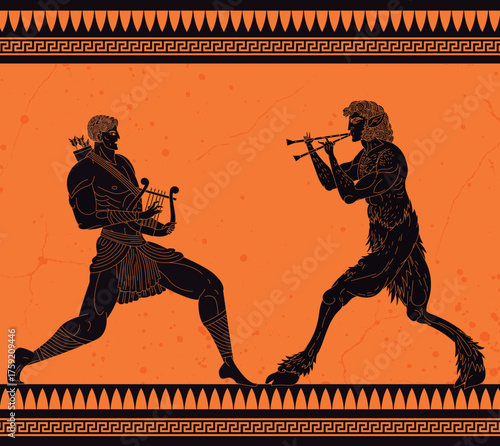 marsyas with greek flute in musical duel against apollo with his lyre