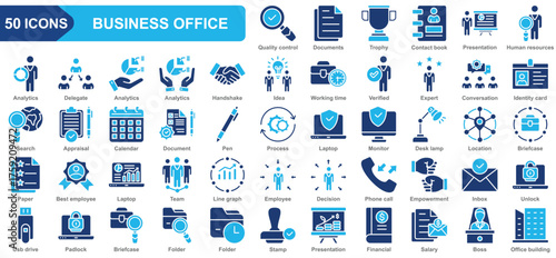 Business office collection icon set. Quality control, Document, Contact book, Presentation, Human resources, Analytics, Delegate, Conversation. Simple flat Vector.