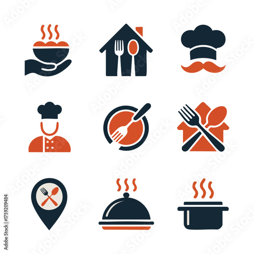 Set of nine flat icons for food service and restaurant themes cooking