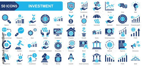 Investment collection icon set. Money, Stocks, Idea, Profit, Target, Diamond. Simple flat vector.
