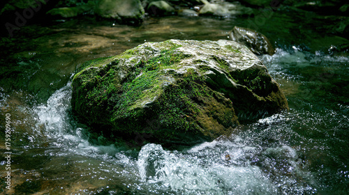 dappled. Forest stream water flowing around a mossy rock, creating whirlpools in sunlight. travel magazines, destination branding, designed for outdoor magazines and nature guides.