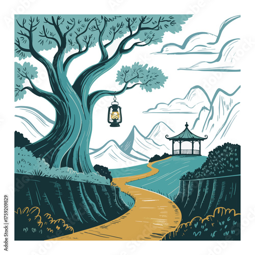 Stylized landscape with large tree lantern and gazebo on hill vector