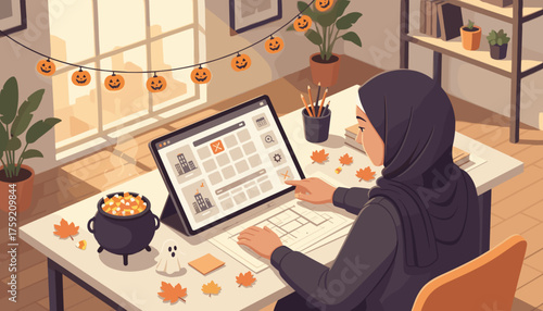 Woman in hijab working on tablet with Halloween decor autumn season productivity at home