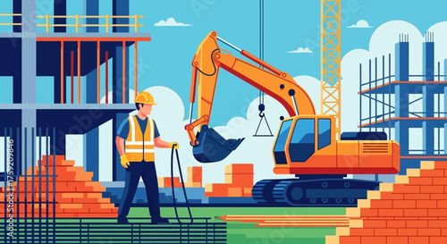 Construction worker and excavator at a vibrant building site Industry development engineering concept