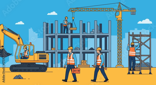 Busy construction site with workers excavator and crane building a modern structure
