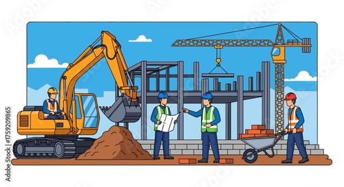 Construction site with workers operating machinery and planning symbolizing development and teamwork
