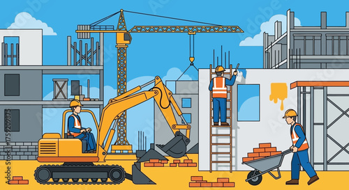 Construction workers operate excavator and crane on a building site showing industry and progress