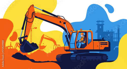 Excavator with operator at a busy construction site representing development and industry