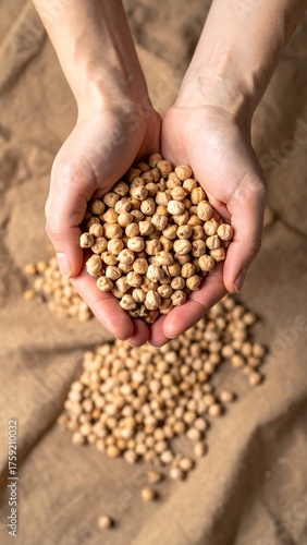 Human hands cupping a handful of dried, beige chickpeas