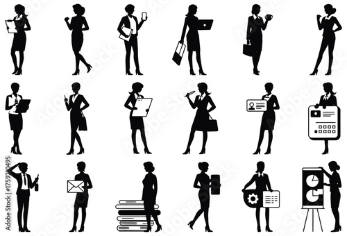 Set of businesswoman silhouettes diverse poses of professional women in formal attire vector illustration isolated on white