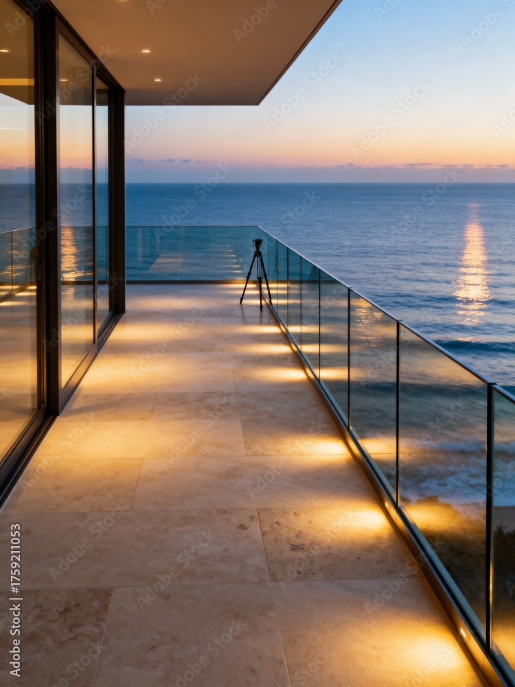 Obraz premium Modern balcony with glass railing overlooking the ocean at sunset with a camera on tripod