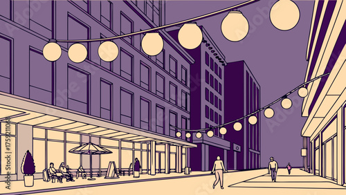 Hanging Street Bulbs in City Night – Vector of Modern Urban Light 