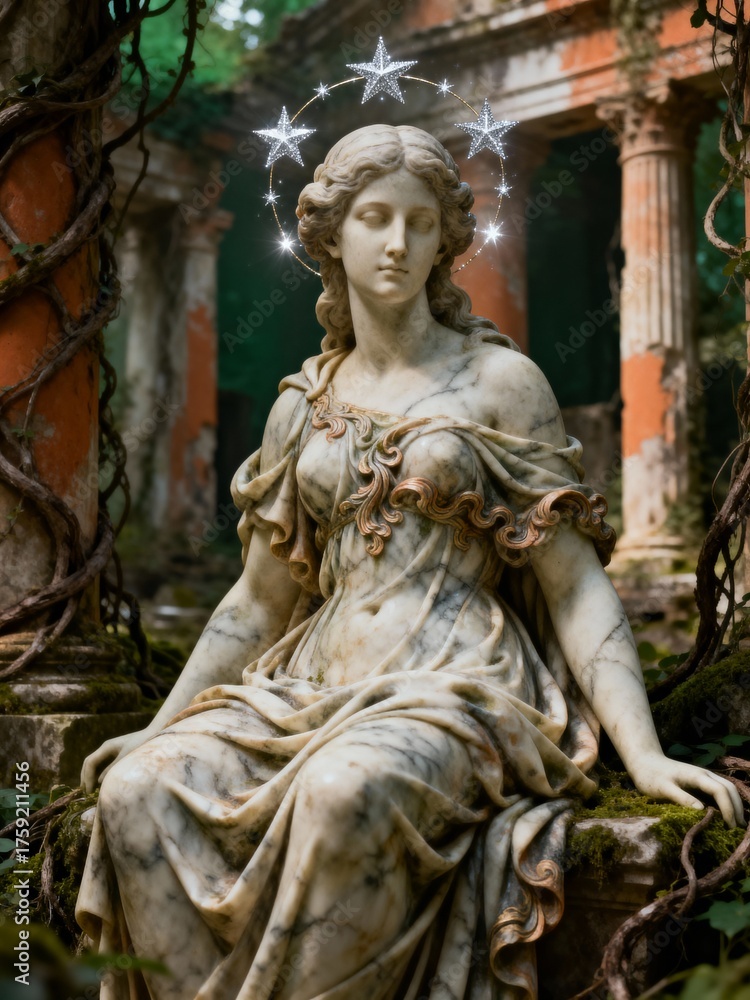 Obraz premium Ancient marble statue of a serene woman adorned with stars, set in a mystical overgrown garden