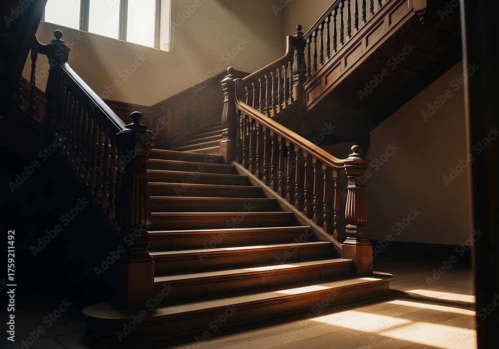 Obraz premium Ornate staircase with carved wood detail and natural light streams