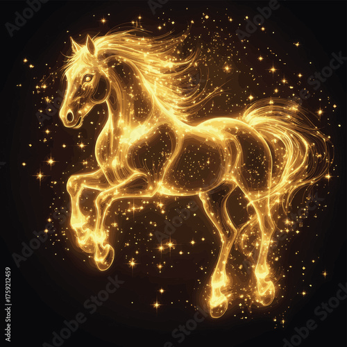 Celebrating the year of the fire horse in 2026 with a majestic golden horse surrounded by sparkling stars   , vector style simple color