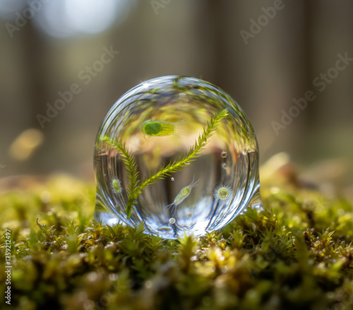 A pristine spherical water droplet resting on vibrant green moss, capturing a beautifully refracted and inverted forest world within
