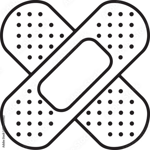 Simple line art illustration of two crossed adhesive bandages for first aid