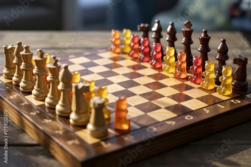 Wallpaper Mural Chessboard gummy pieces wood contrast table rustic surreal fantasy candy game background Torontodigital.ca