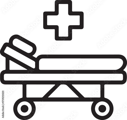 Simple line art icon of a hospital bed with a medical cross symbol