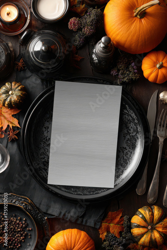 Elegant autumnal menu mockup with pumpkins, flowers and rustic table setting for Thanksgiving or Halloween