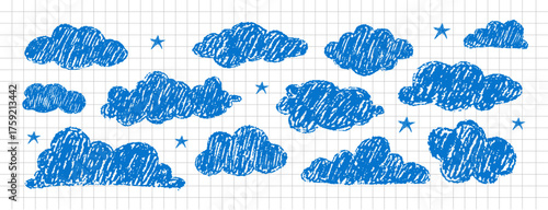 Playful clouds with rough texture. Sketchy hand drawn weather elements for invitations or posters. Vector illustration on checkered notebook sheet. Sky elements with stars.