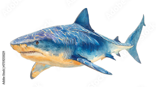 Lifelike Realistic Illustration of a Great White Shark Swimming