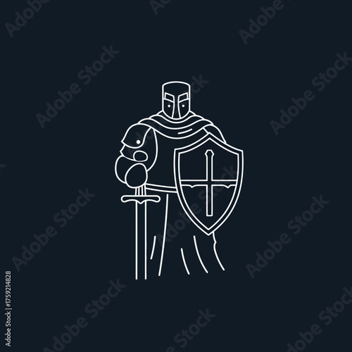 Knight in armor with sword and shield vector illustration on dark background