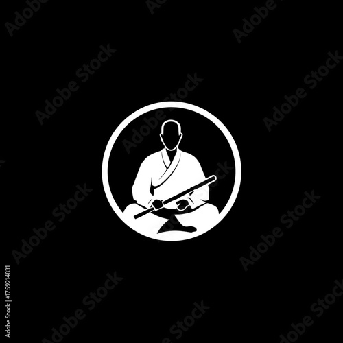 Minimalist silhouette of a person holding a staff within a circle